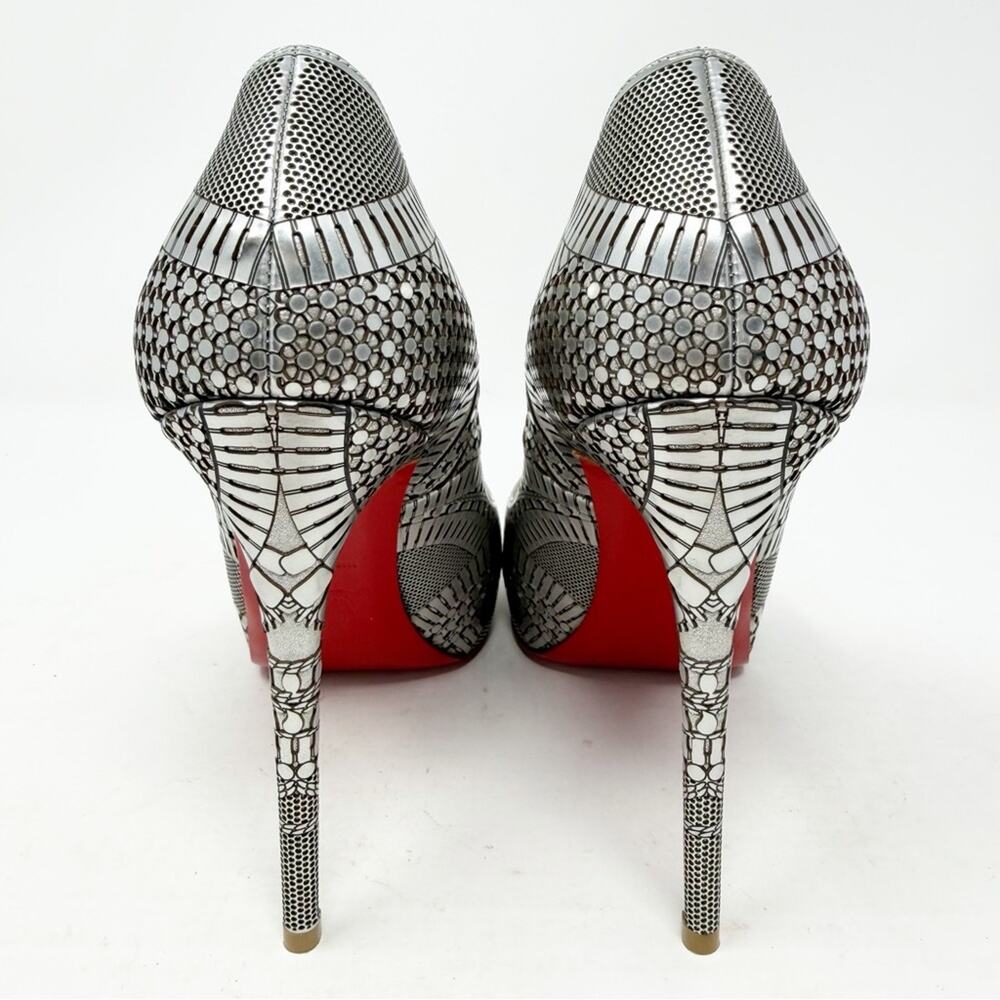 Christian Louboutin Suellena Silver Geometric Peep Toe Heels Womens Size EU 37 - Picture 4 of 10